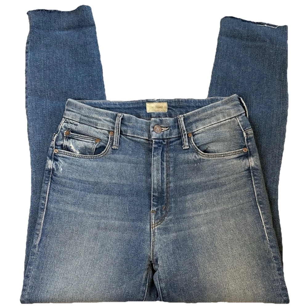 MOTHER High Waisted Looker Ankle Fray‎ Jeans Thrilling Shots Blue 24 1411Q-470